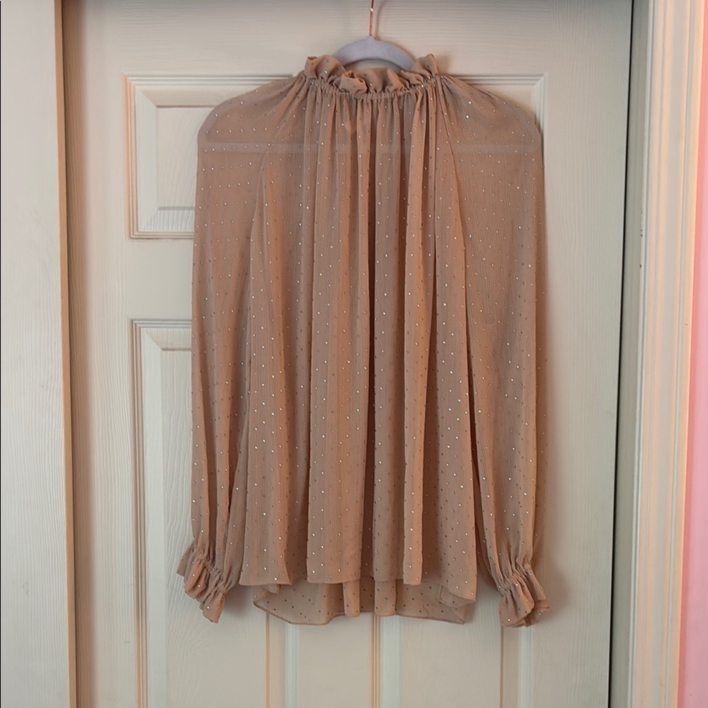 Ronny Kobo neutral beige embellished crystals mock neck Balloon sleeve blouse